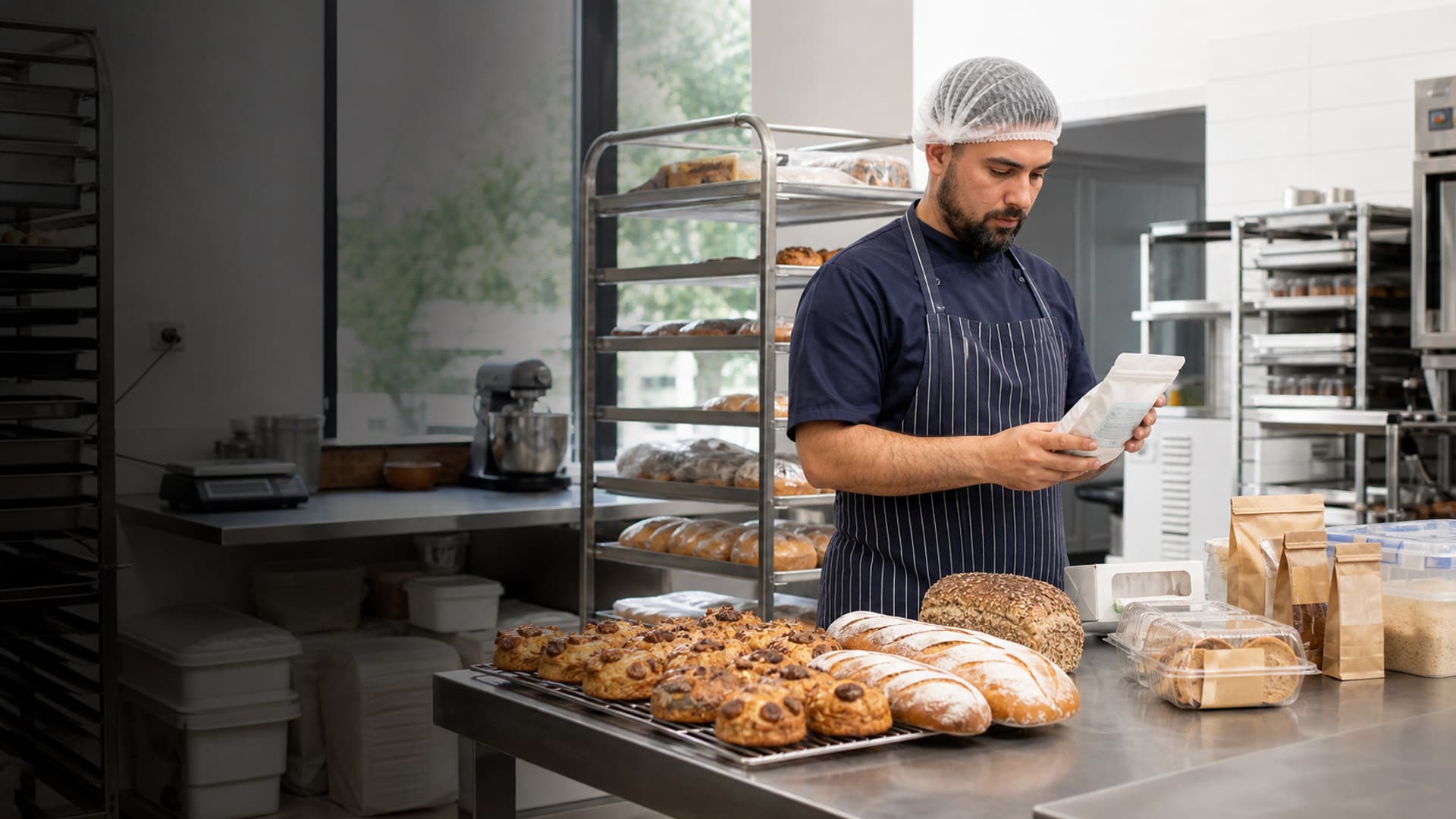 Baker reviewing ingredient information beside bread and packaged products in a clean commercial bakery