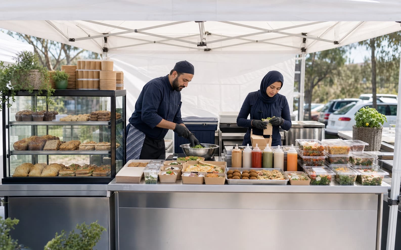 Professional individual food stall with organised preparation and packaged food at an Australian market