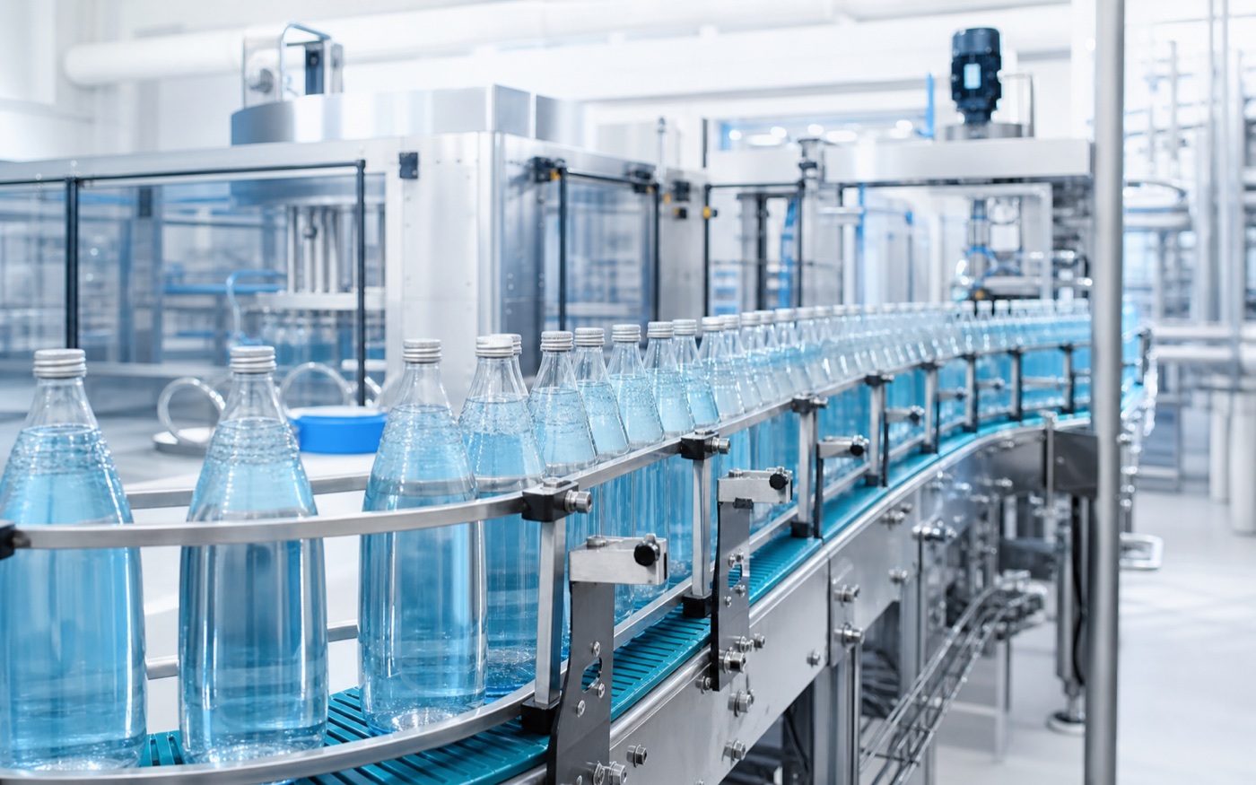 Beverage bottles moving through a clean production line