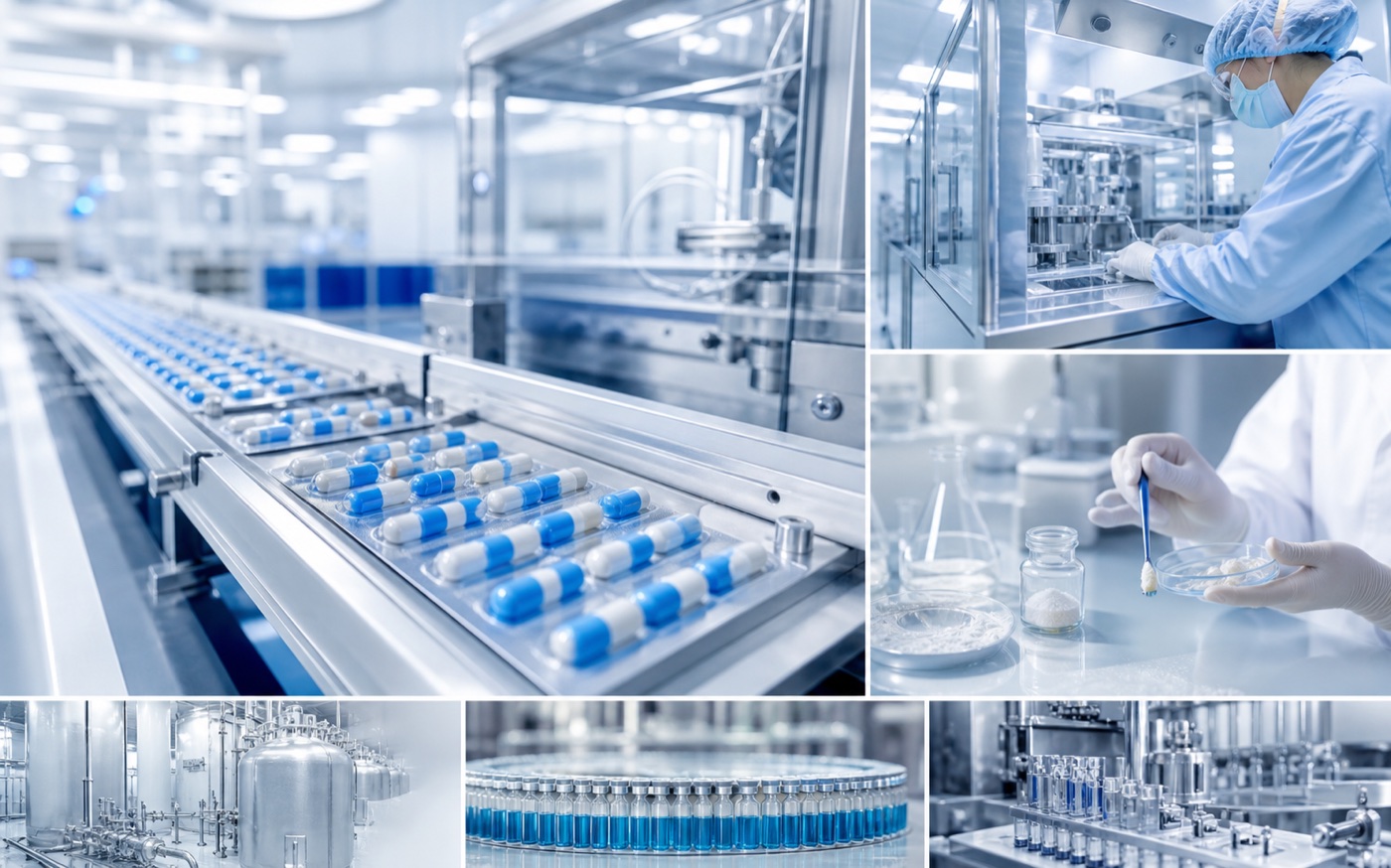 Pharmaceutical manufacturing line with capsules in a cleanroom environment